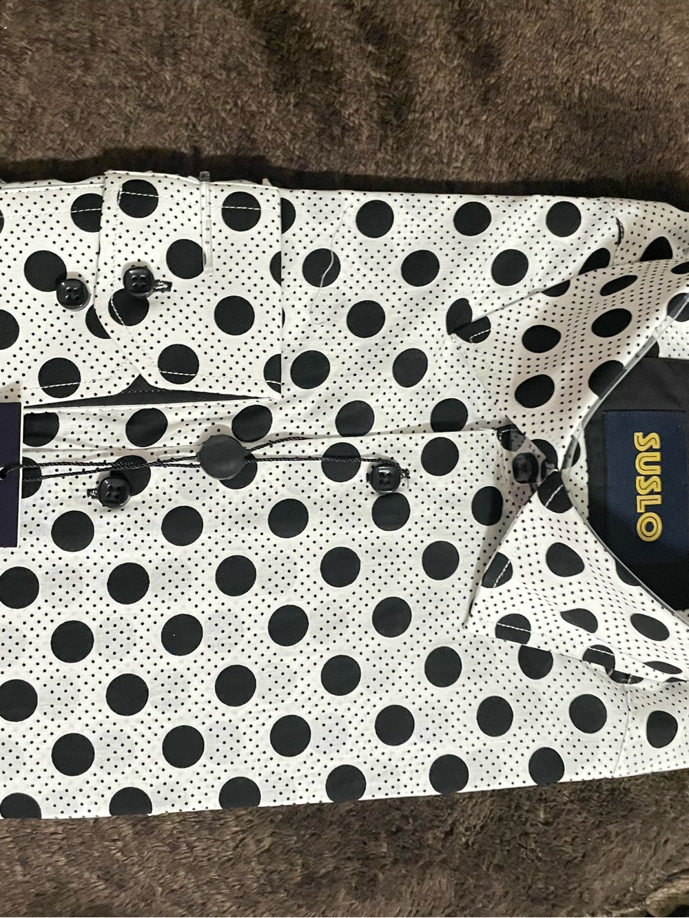 SUSLO White Button-Down Shirt with Black Polka Dots